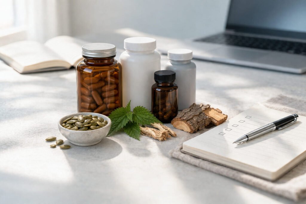 An editorial layout featuring a notebook, magnifying glass, dietary supplements, and botanical ingredients representing a buyer's guide for prostate health products.