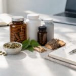 An editorial layout featuring a notebook, magnifying glass, dietary supplements, and botanical ingredients representing a buyer's guide for prostate health products.