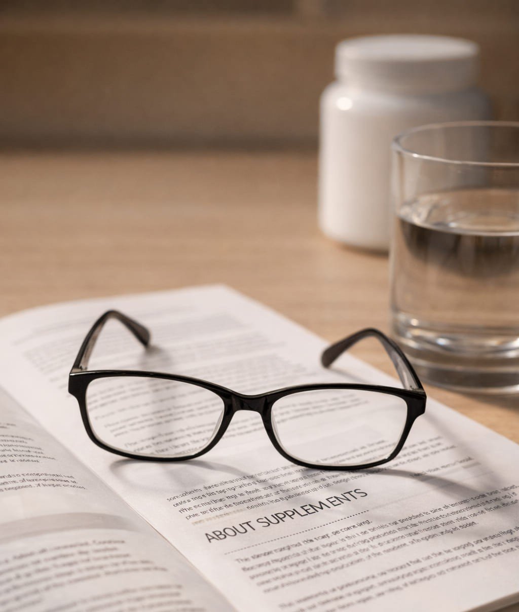 Reading glasses resting on a health information booklet, symbolizing careful evaluation of supplement ingredients.