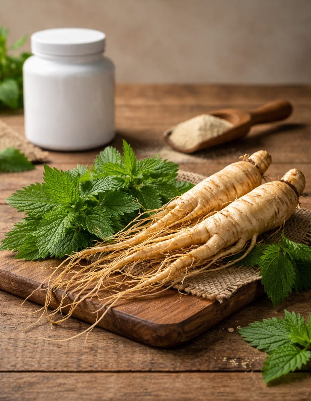 Fresh Panax Ginseng root and Nettle leaves arranged on a wooden table, representing natural supplement ingredients.