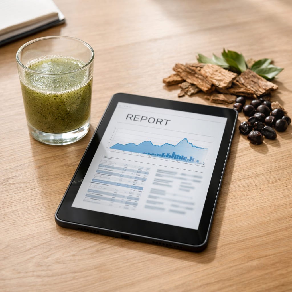 Close-up of a health report and herbal supplement formula on a bright editorial desk.