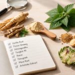 A thorough editorial review of dietary supplement ingredients, featuring botanical roots, green leaves, and a magnifying glass next to a notebook