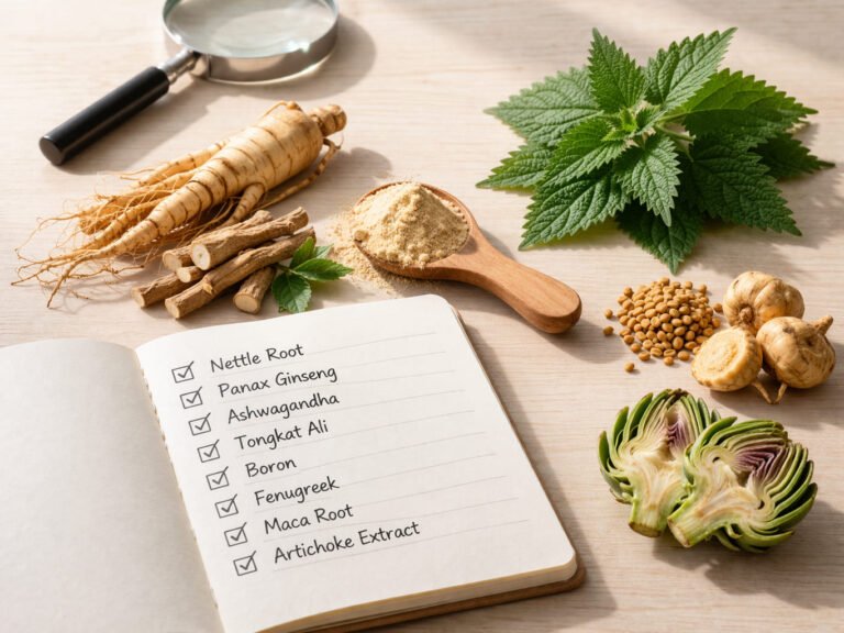 A thorough editorial review of dietary supplement ingredients, featuring botanical roots, green leaves, and a magnifying glass next to a notebook