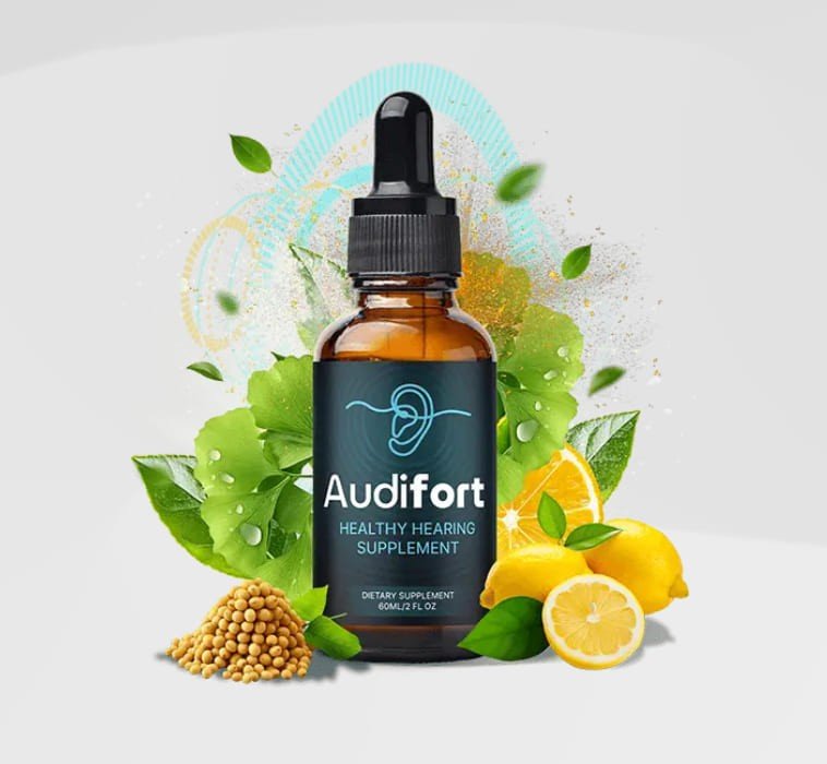 A generic dietary supplement bottle next to green tea and maca powder, representing holistic ingredients used for auditory and systemic wellness.