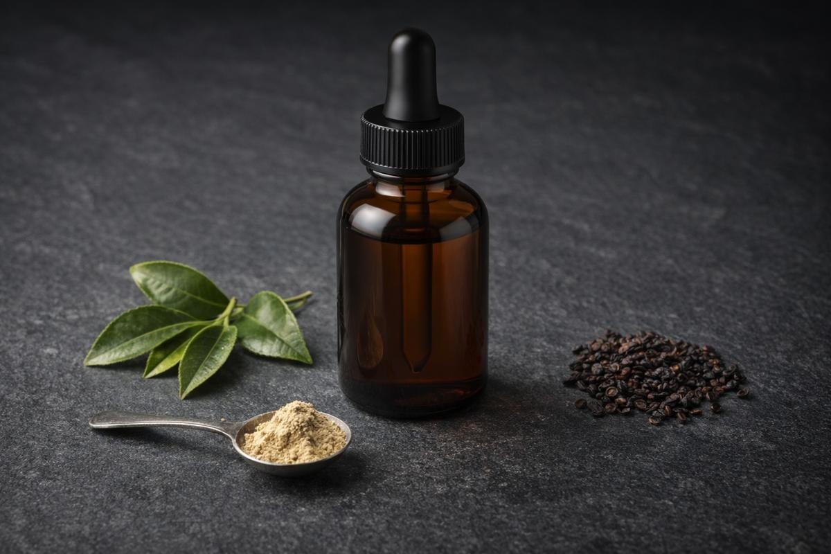 Flat-lay display of Audifort active botanical extracts including Green Tea, Grape Seed, and Capsicum.