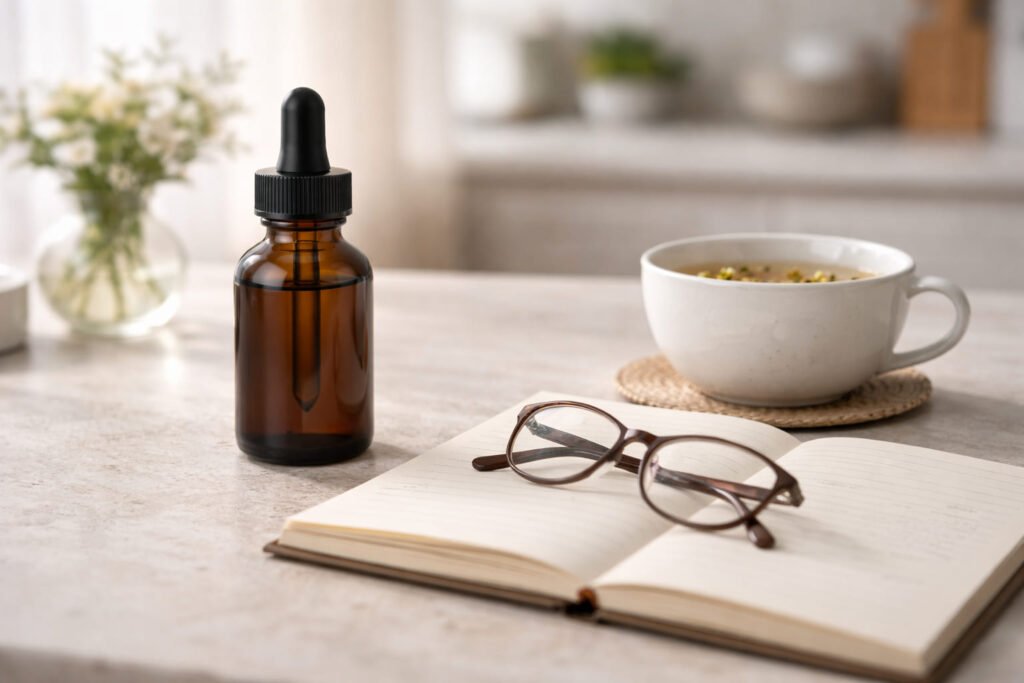 A supplement bottle placed next to reading glasses and a wellness journal, symbolizing a careful evaluation of safety and ingredients.