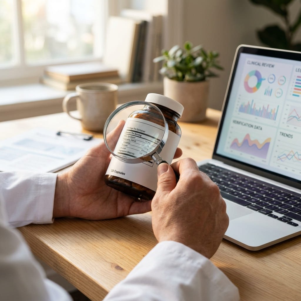 A close-up of a consumer reviewing supplement ingredient labels and verifying manufacturer claims.