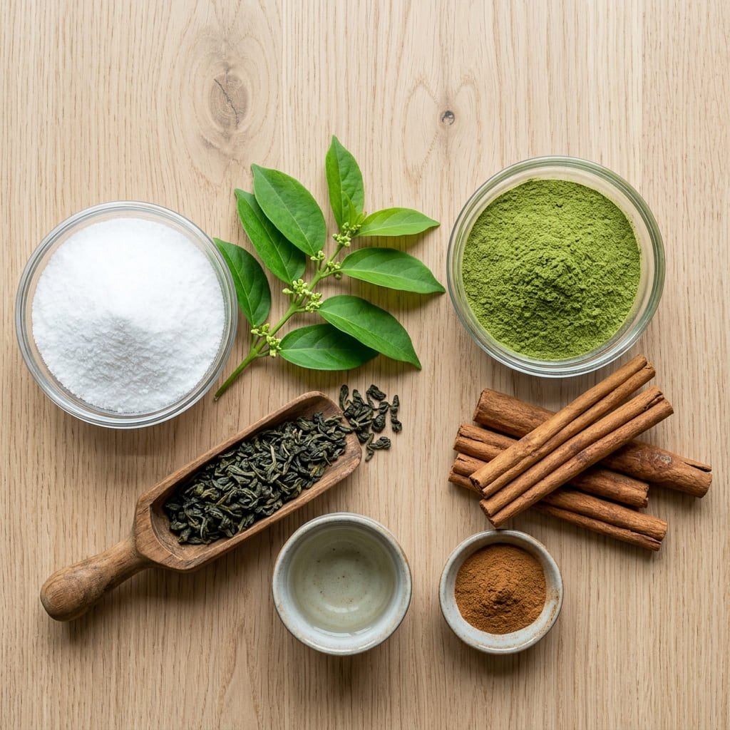 High-resolution flat-lay composition of official Gluco6 ingredients including Sukre white powder, green chromium, gymnema leaves, cinnamon, and TeaCrine.