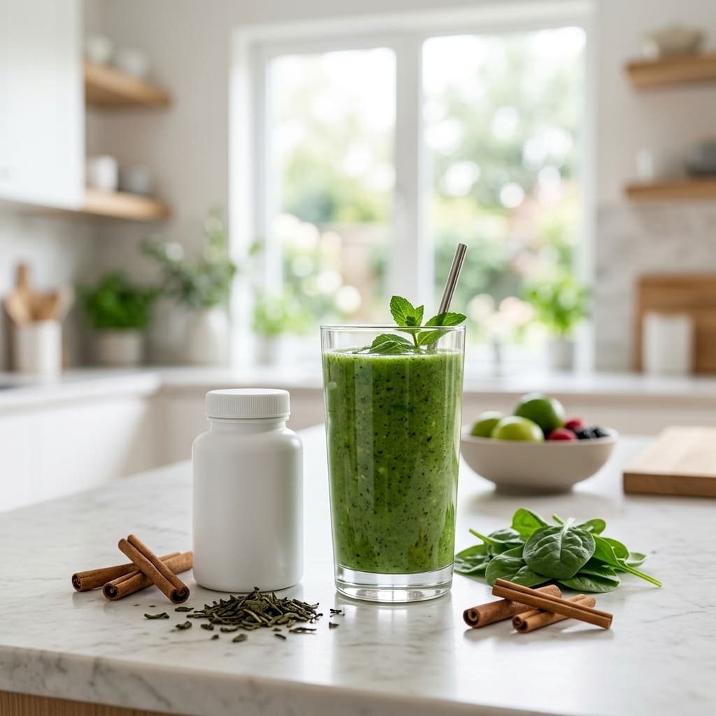 Gluco6 review and natural blood sugar support ingredients including cinnamon and green tea leaves.