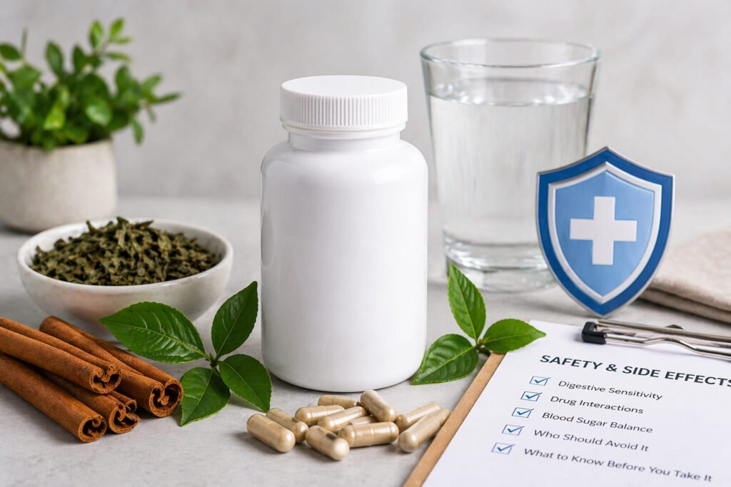 White supplement bottle with capsules, cinnamon, green leaves, water glass, and safety checklist for a Gluco6 side effects article