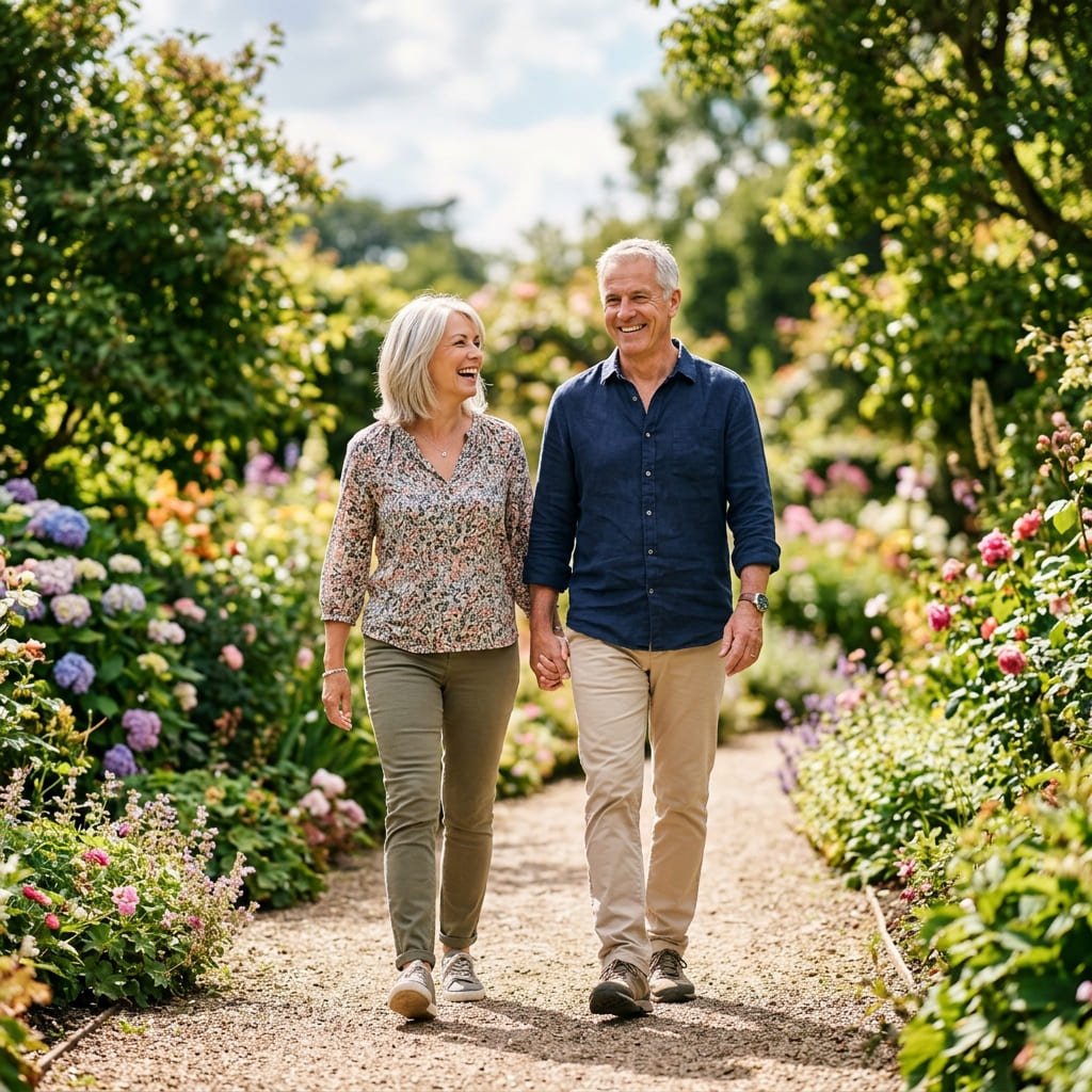 An active adult couple enjoying a walk, reflecting the metabolic health and sustained energy goals of Gluco6 users.