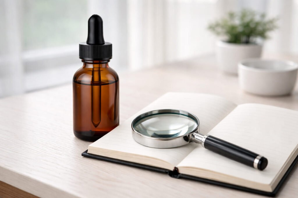 A professional evaluation setup with a magnifying glass and a supplement bottle, representing an objective review of Audifort's legitimacy.