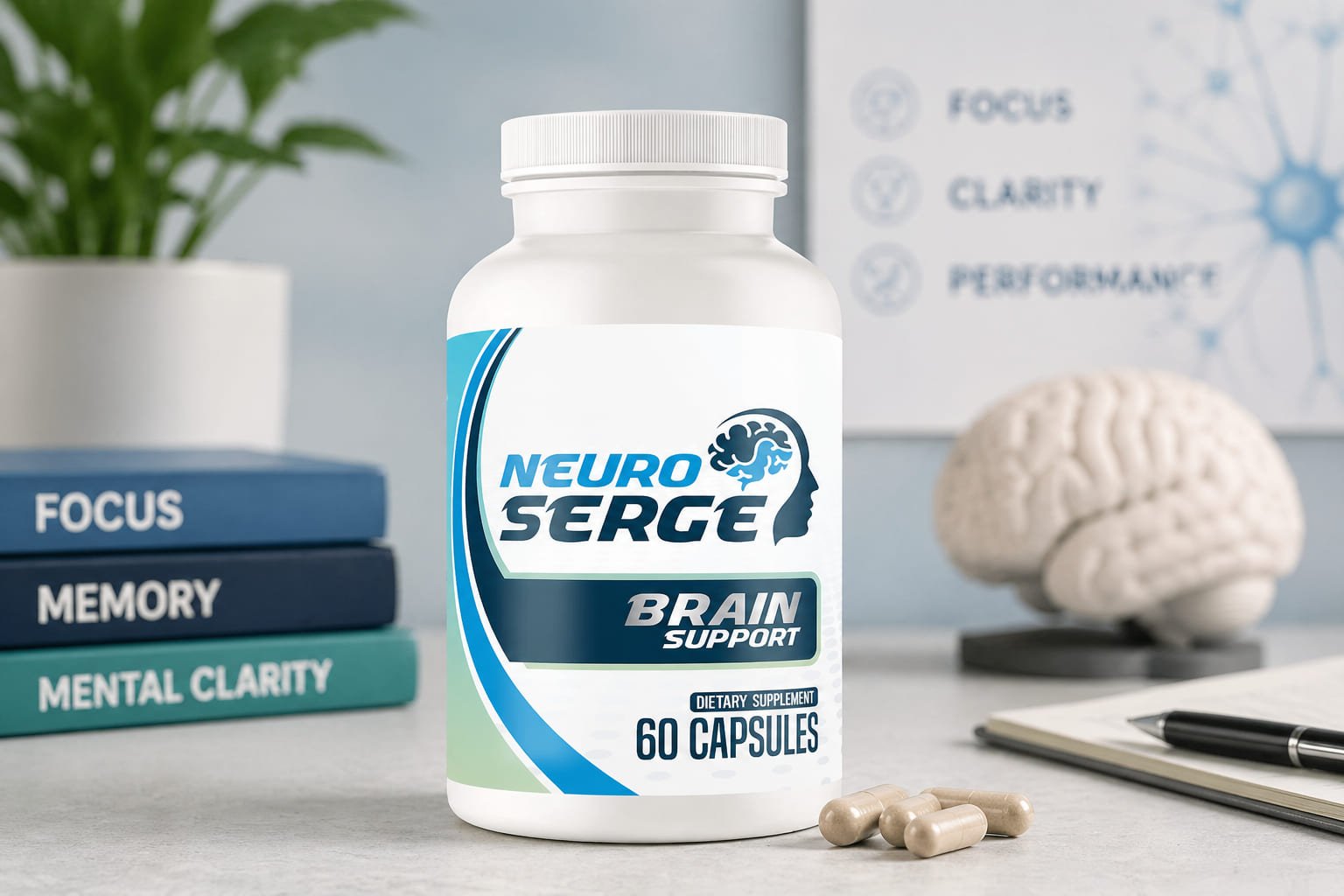 NeuroSerge brain support supplement bottle featured in a clean editorial review setting