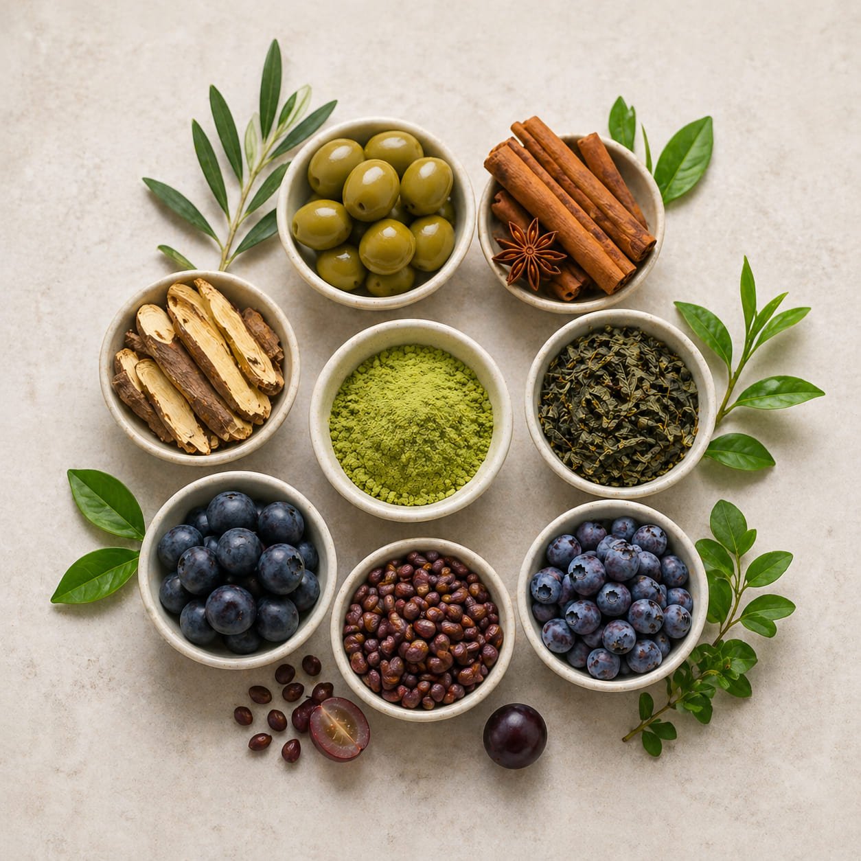 NeuroSerge ingredients including olive leaf, cinnamon, licorice root, green tea, grape seed, and bilberry