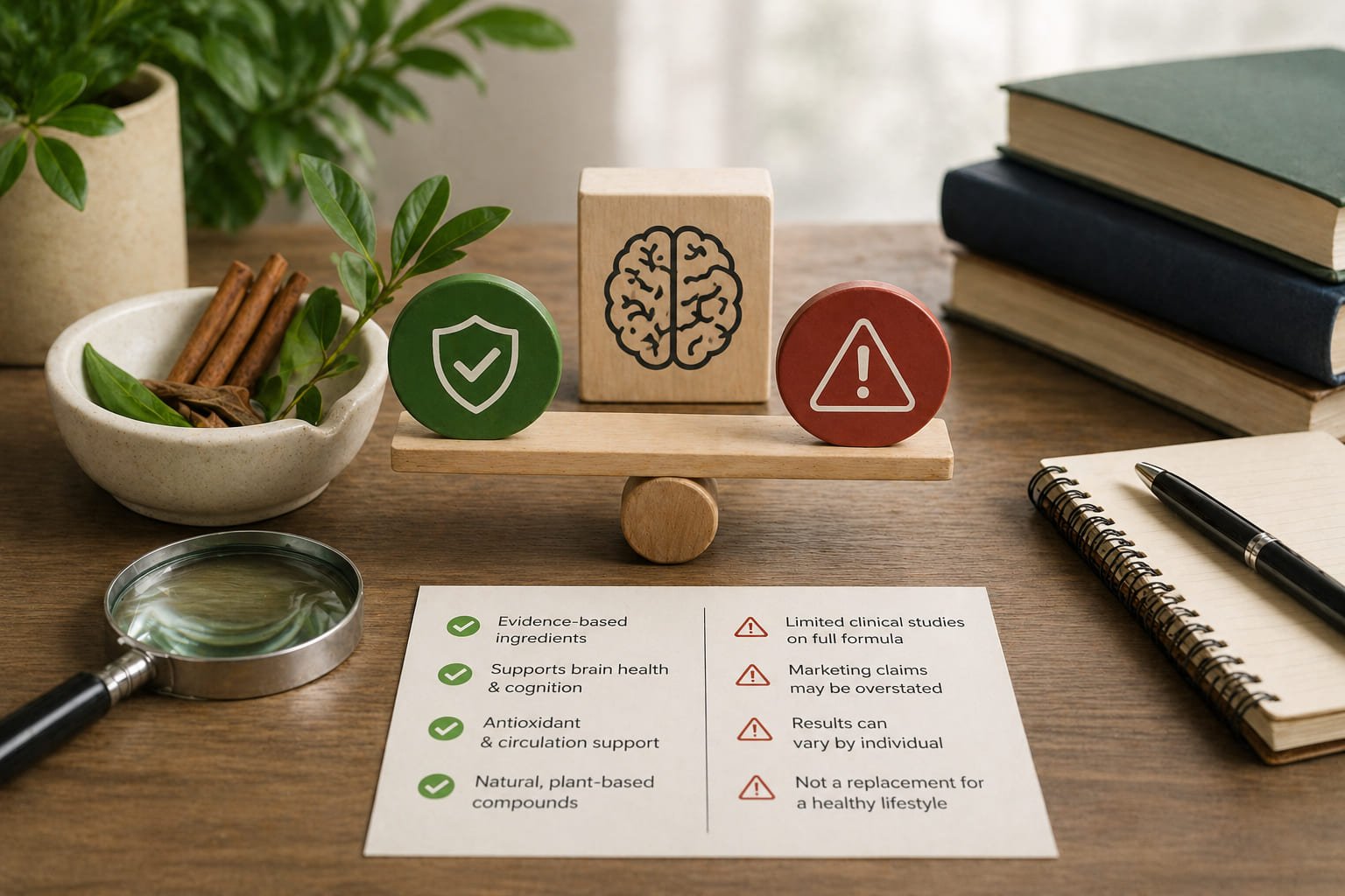 Editorial supplement evaluation scene representing whether NeuroSerge is legitimate or overhyped