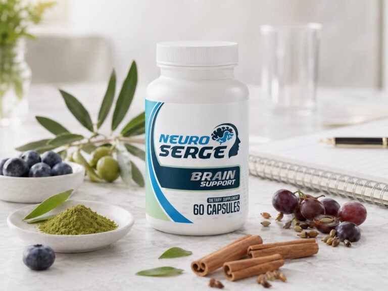 NeuroSerge brain support supplement bottle with botanical ingredients in an editorial review setting