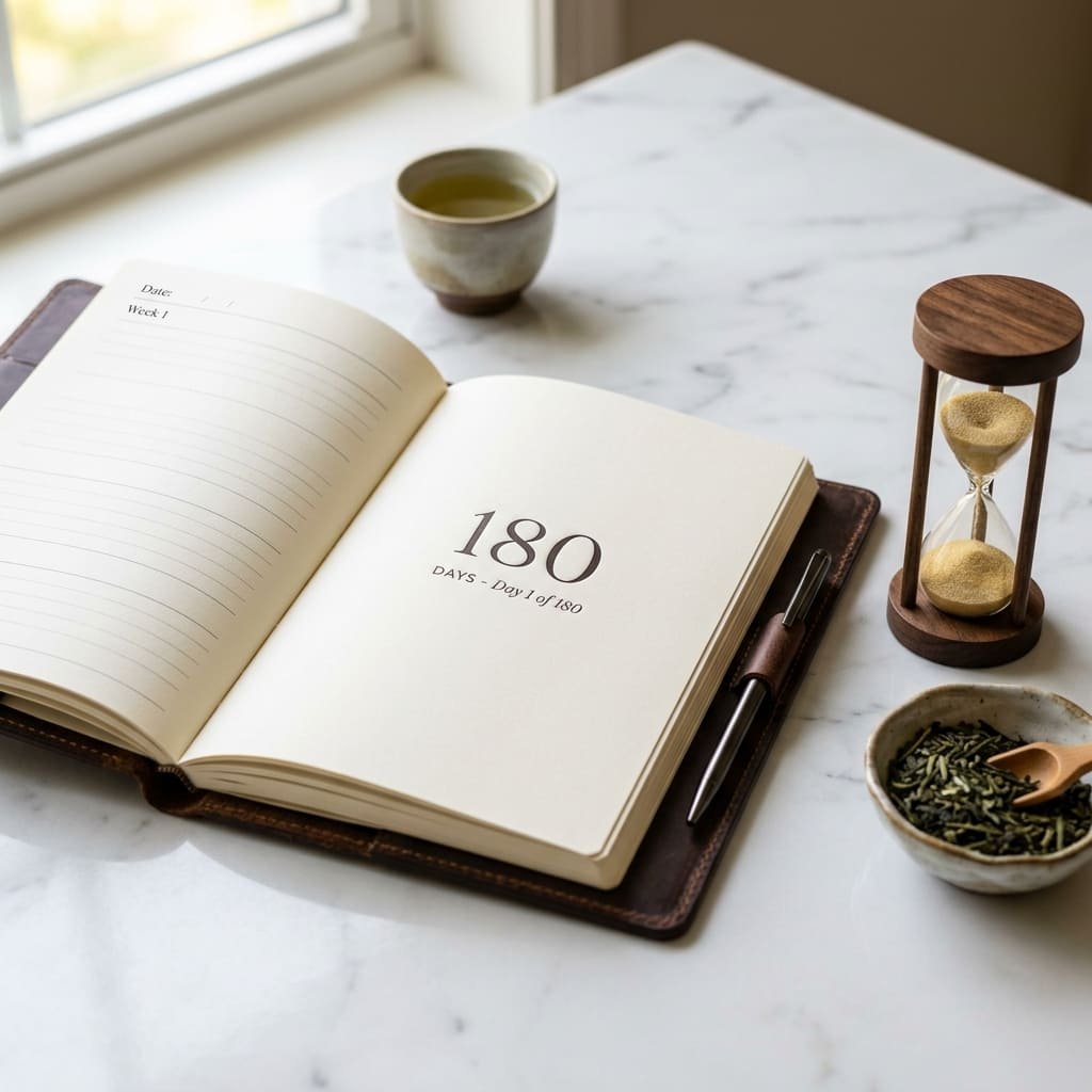 Elegant 180-day guarantee concept with an hourglass and planner