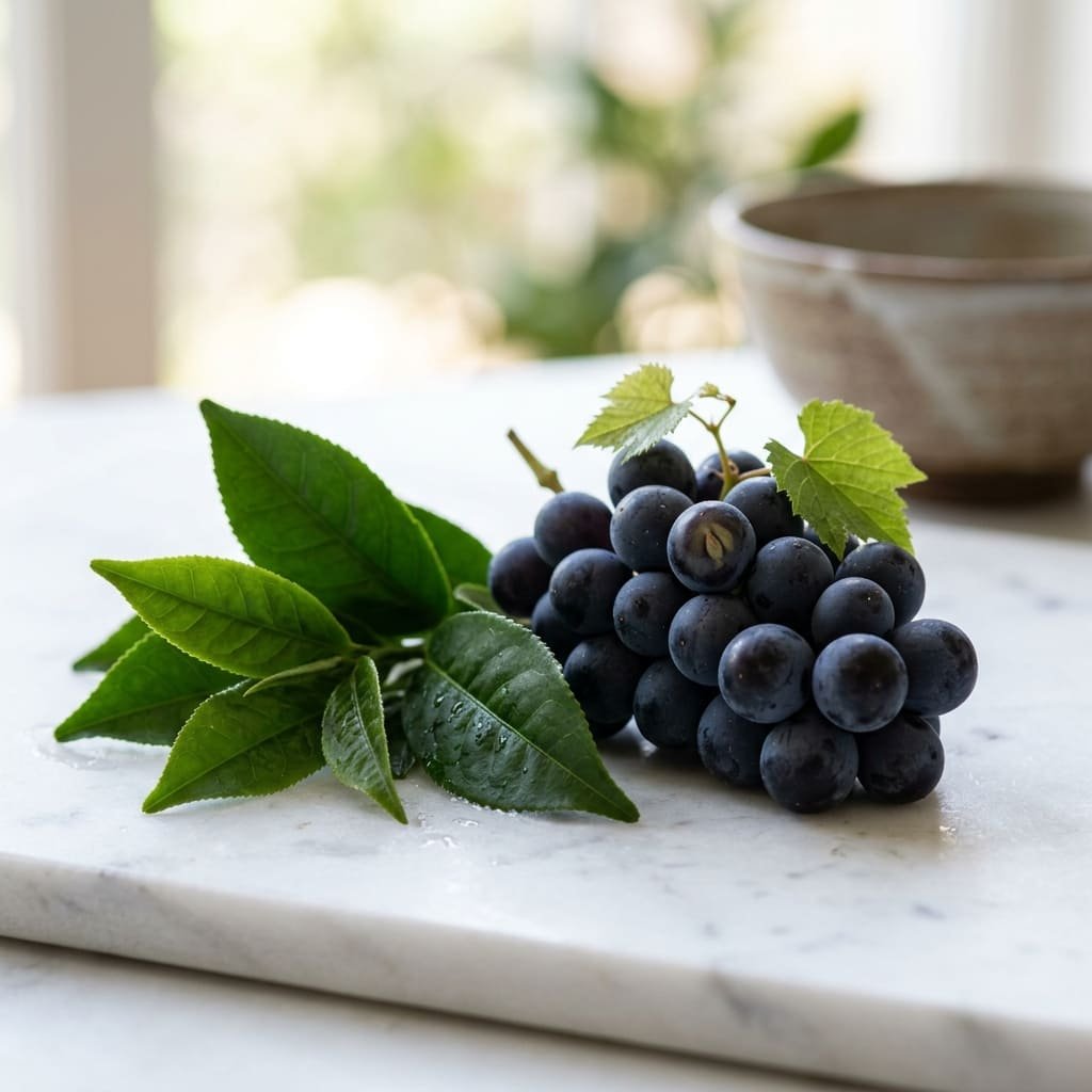 Close-up editorial shot of fresh green tea leaves and dark grape seeds, representing the botanical antioxidant core of NeuroSerge