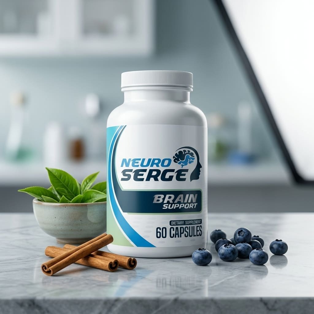 NeuroSerge brain support supplement bottle placed elegantly alongside its core botanical ingredients