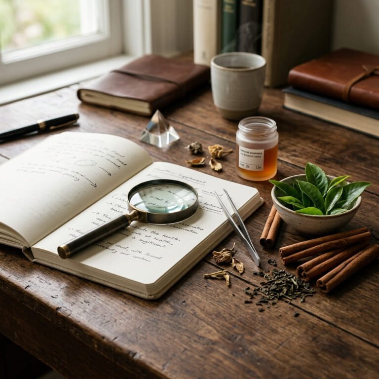 High-end editorial still-life featuring a magnifying glass over notes, representing an objective investigation of supplement legitimacy