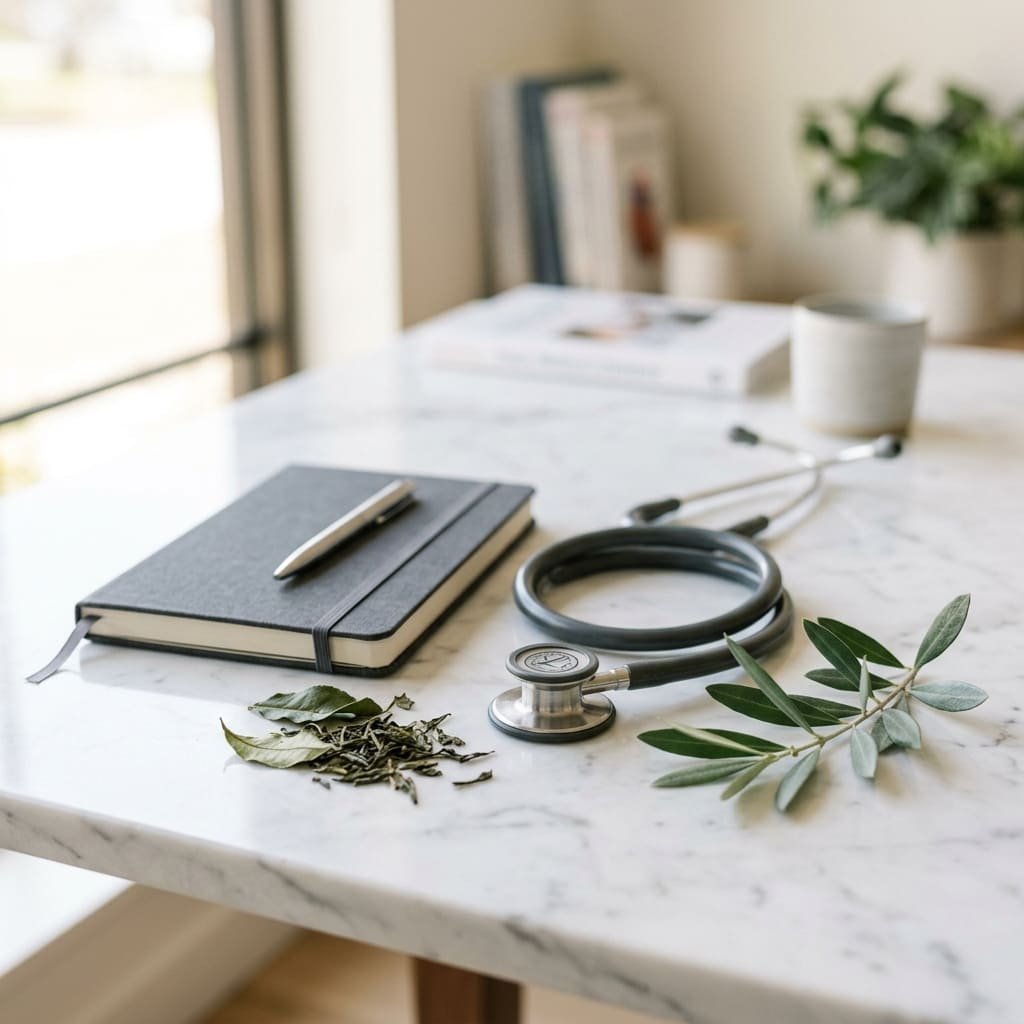 Professional still-life of a medical stethoscope resting near a notepad and botanical extracts, representing the medical evaluation of natural supplements