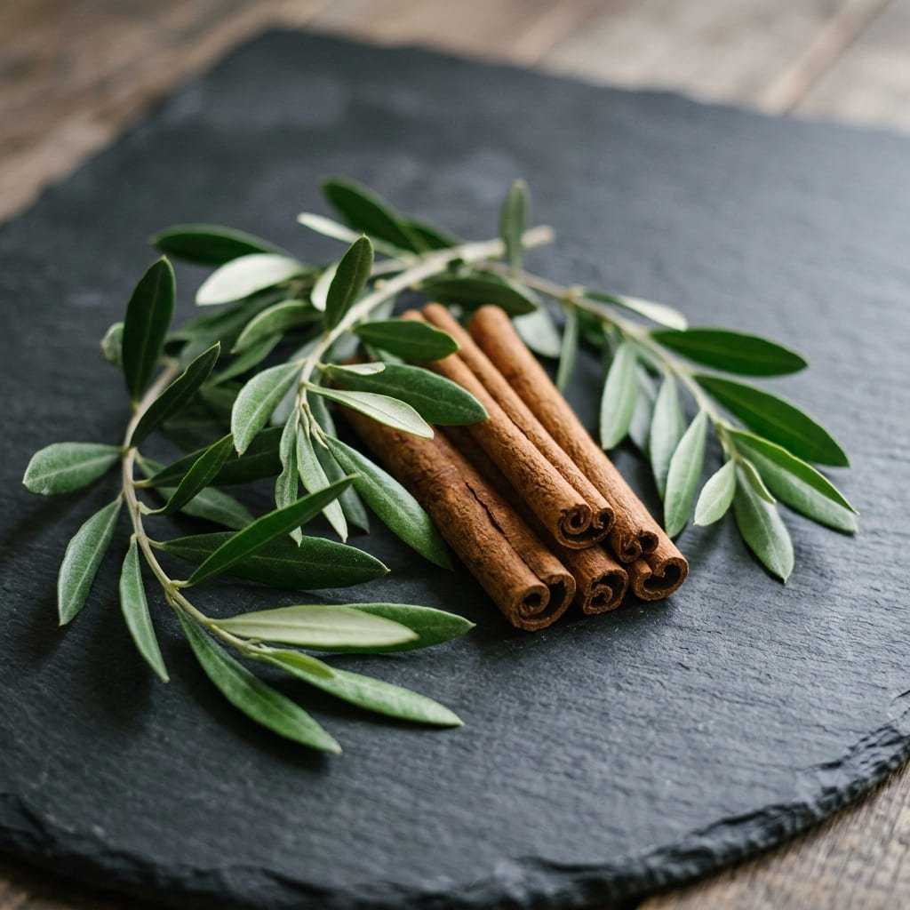 Editorial still-life of fresh olive leaves and cinnamon sticks on a slate background, reflecting the metabolic and vascular support ingredients in NeuroSerge