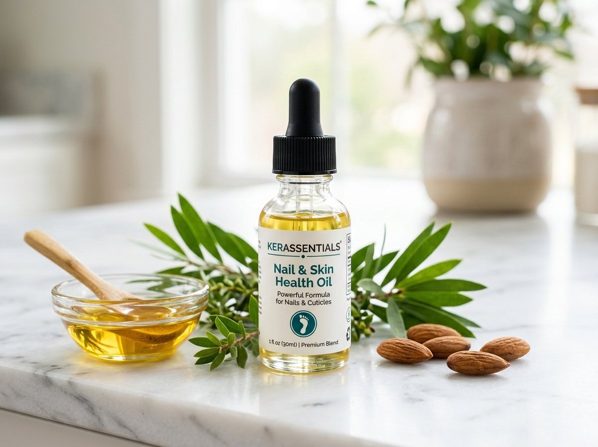 Kerassentials topical nail and skin oil bottle shown with almonds, flaxseed oil, and mint leaves