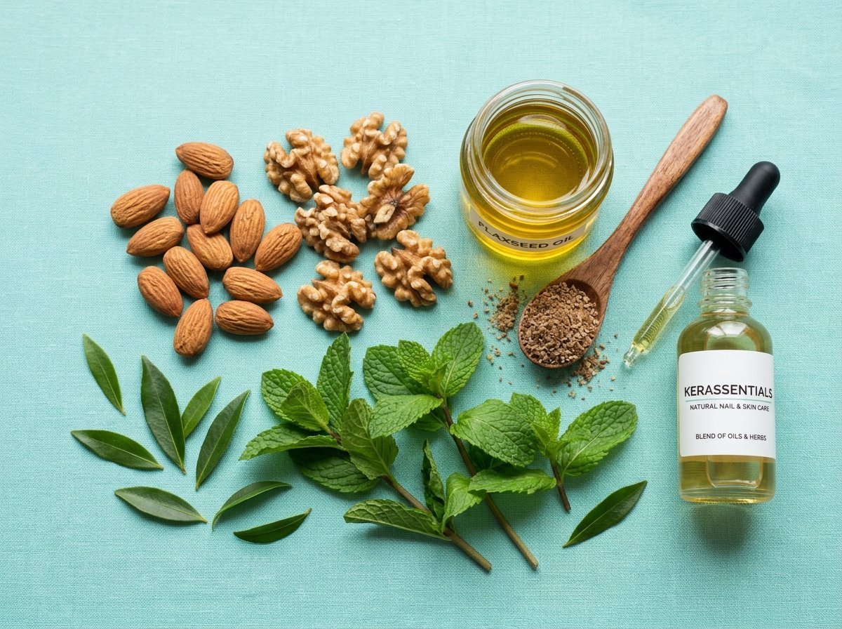 Natural botanical ingredients in Kerassentials including raw almonds, walnuts, flaxseed oil, and tea tree mint leaves