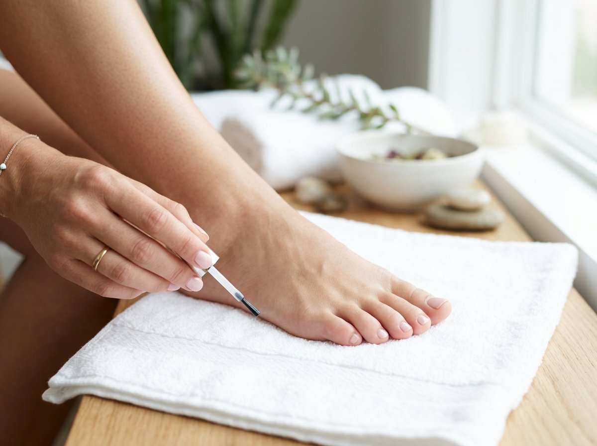 Topical application of Kerassentials moisturizing oil to toenails and feet