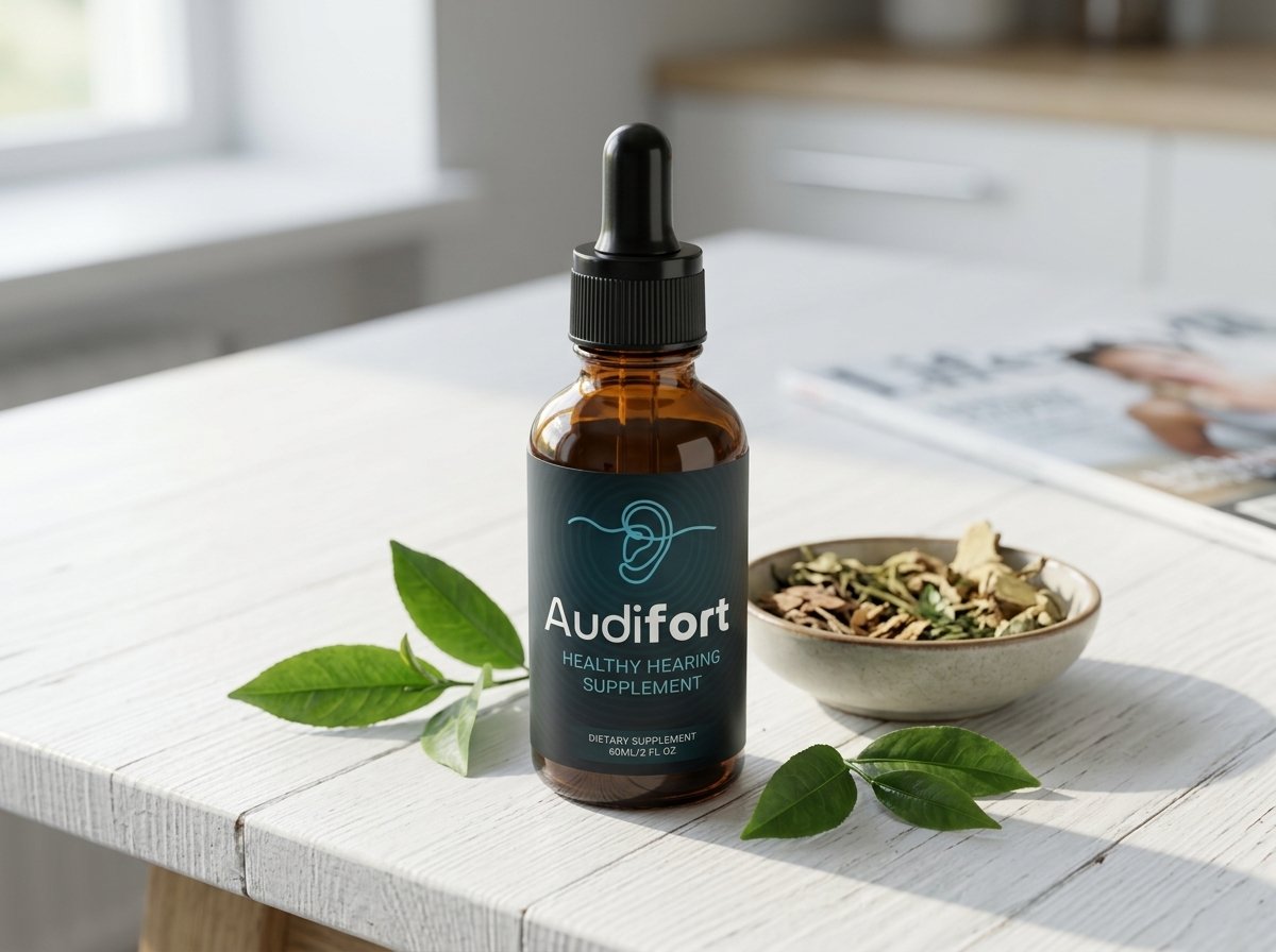 Audifort official hearing support supplement amber bottle with dropper cap and botanical ingredients