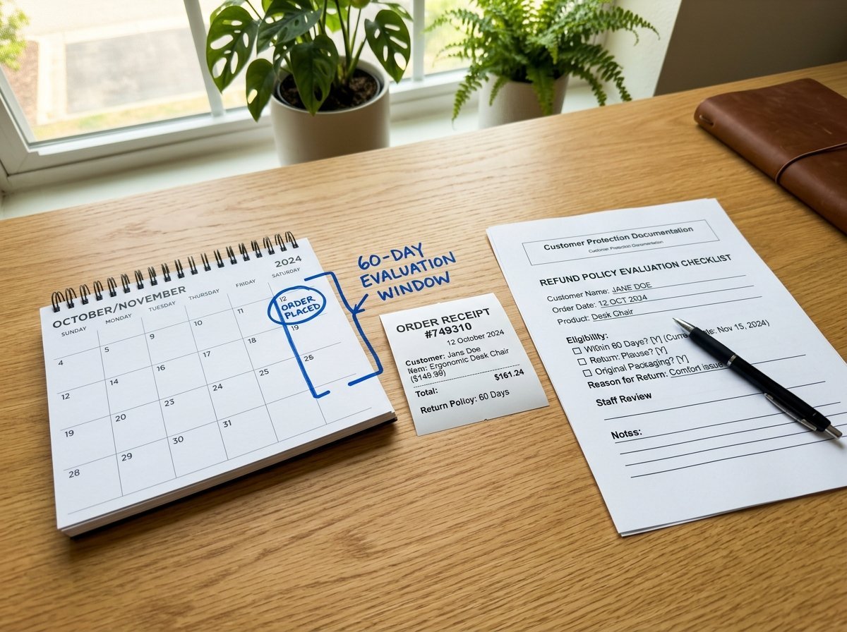 Customer care documentation setup showing a 60-day refund policy calendar and evaluation checklist