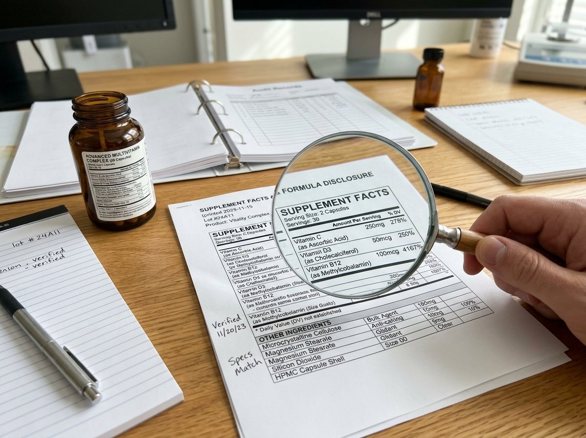 Magnifying glass examining ingredient disclosure document and supplement facts transparency checklist