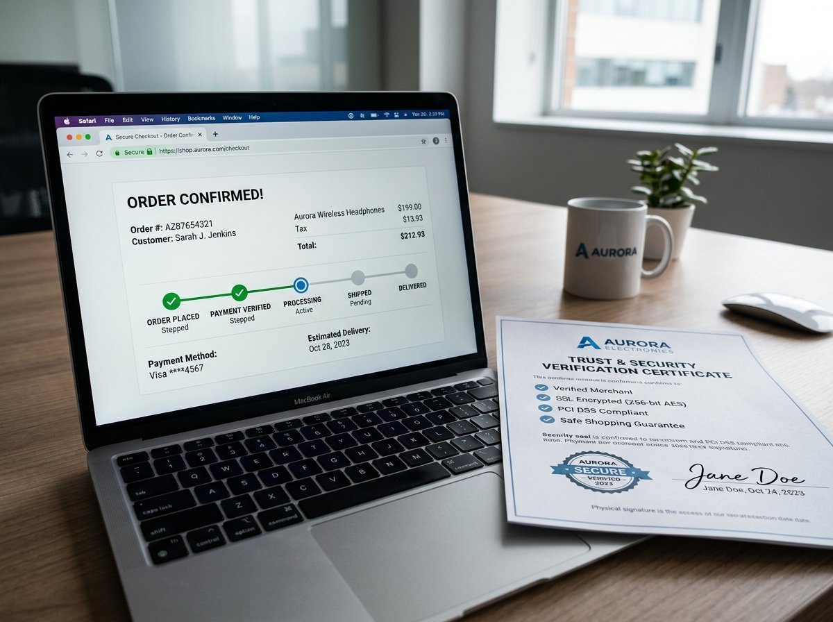 Editorial desktop setup with a laptop displaying secure transaction verification and legitimacy evaluation checklist