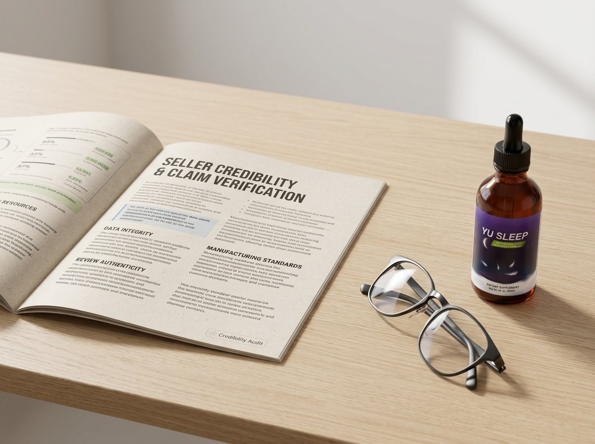 Yu Sleep official liquid dropper bottle beside an investigative credibility checklist