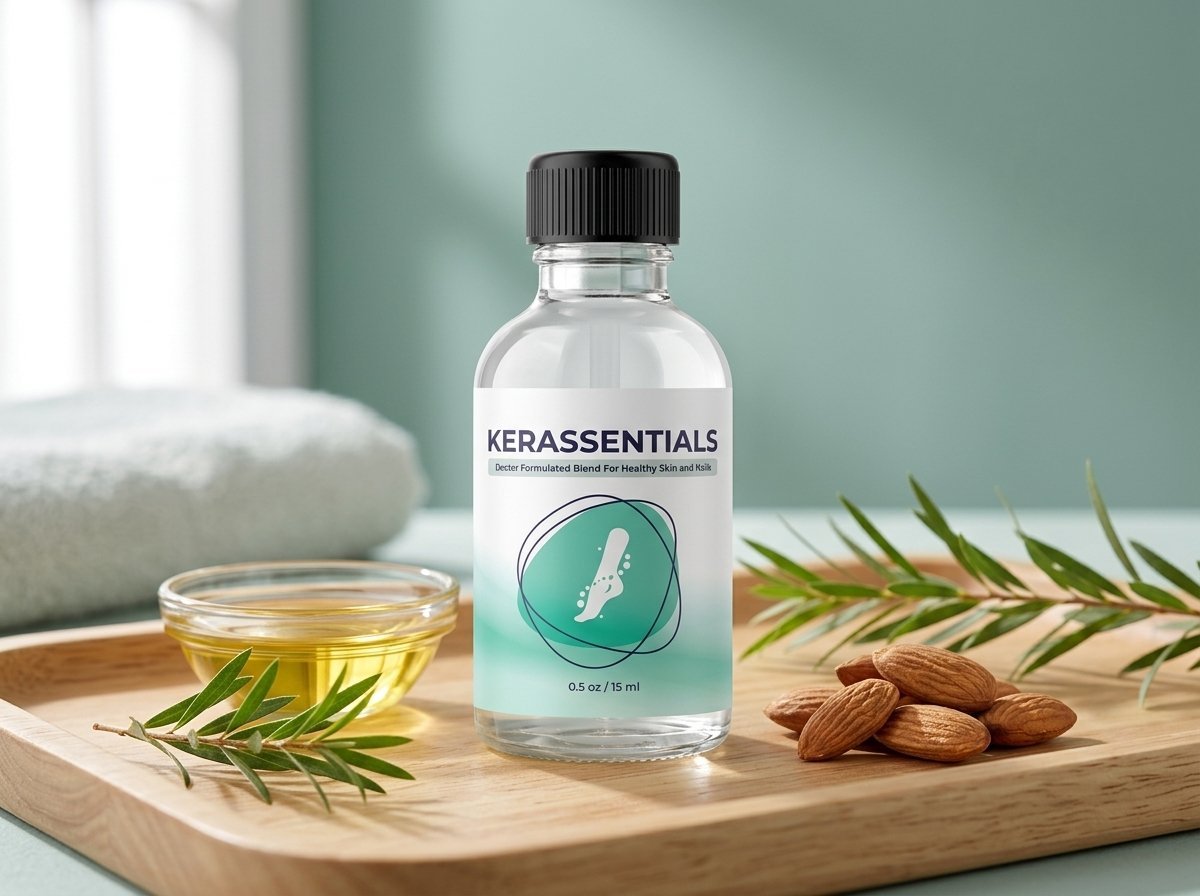 Kerassentials topical nail and skin oil bottle shown with almonds, flaxseed oil, and mint leaves