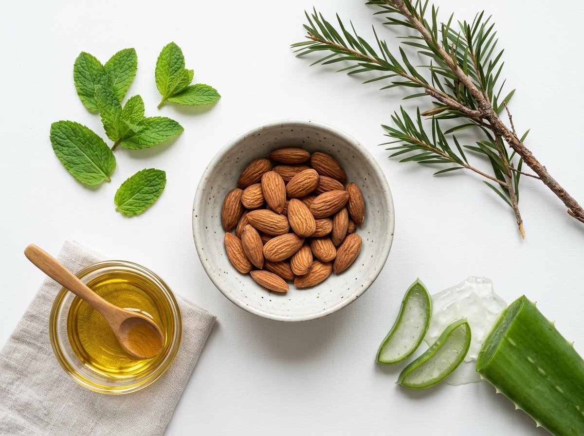 Natural botanical ingredients in Kerassentials including raw almonds, flaxseeds, tea tree, and aloe vera
