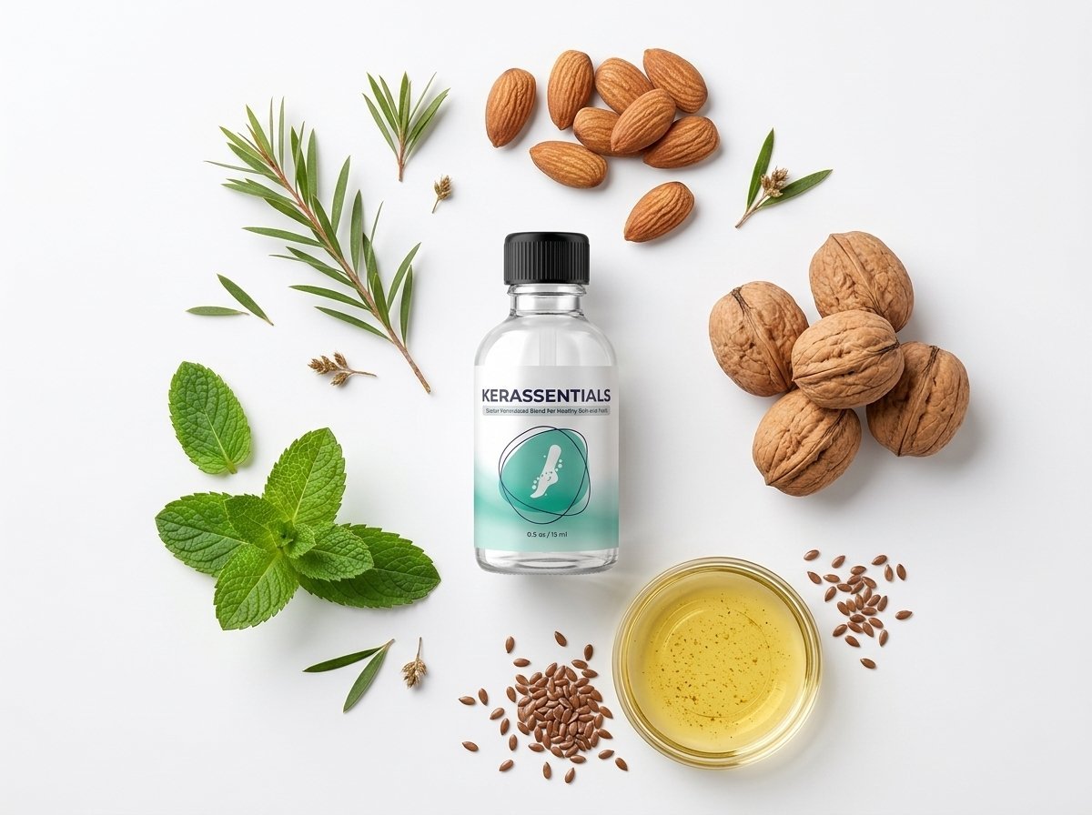 Natural botanical ingredients in Kerassentials including raw almonds, walnuts, flaxseed oil, and tea tree mint leaves