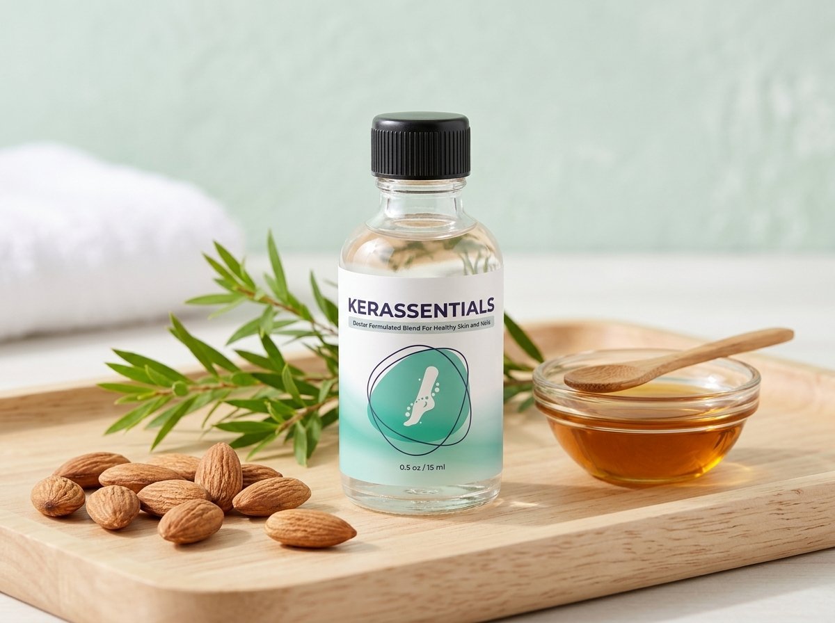 Kerassentials topical nail oil bottle shown with natural botanical ingredients including tea tree and lavender