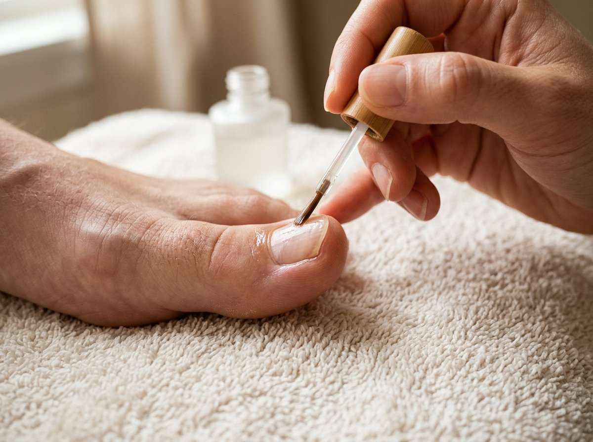 Topical application of Kerassentials moisturizing oil to toenails and feet