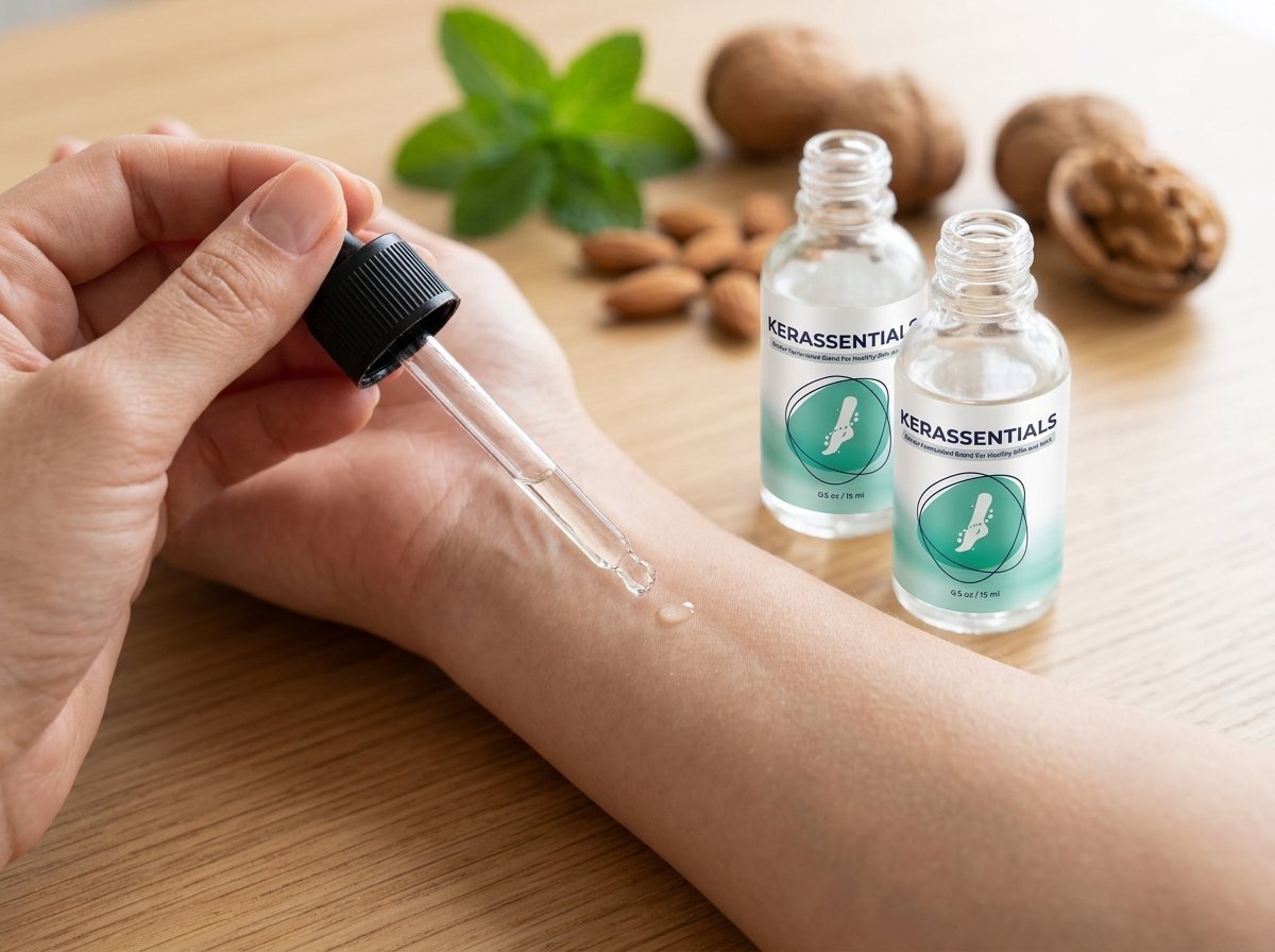 Single hand performing a skin patch test with topical botanical oil