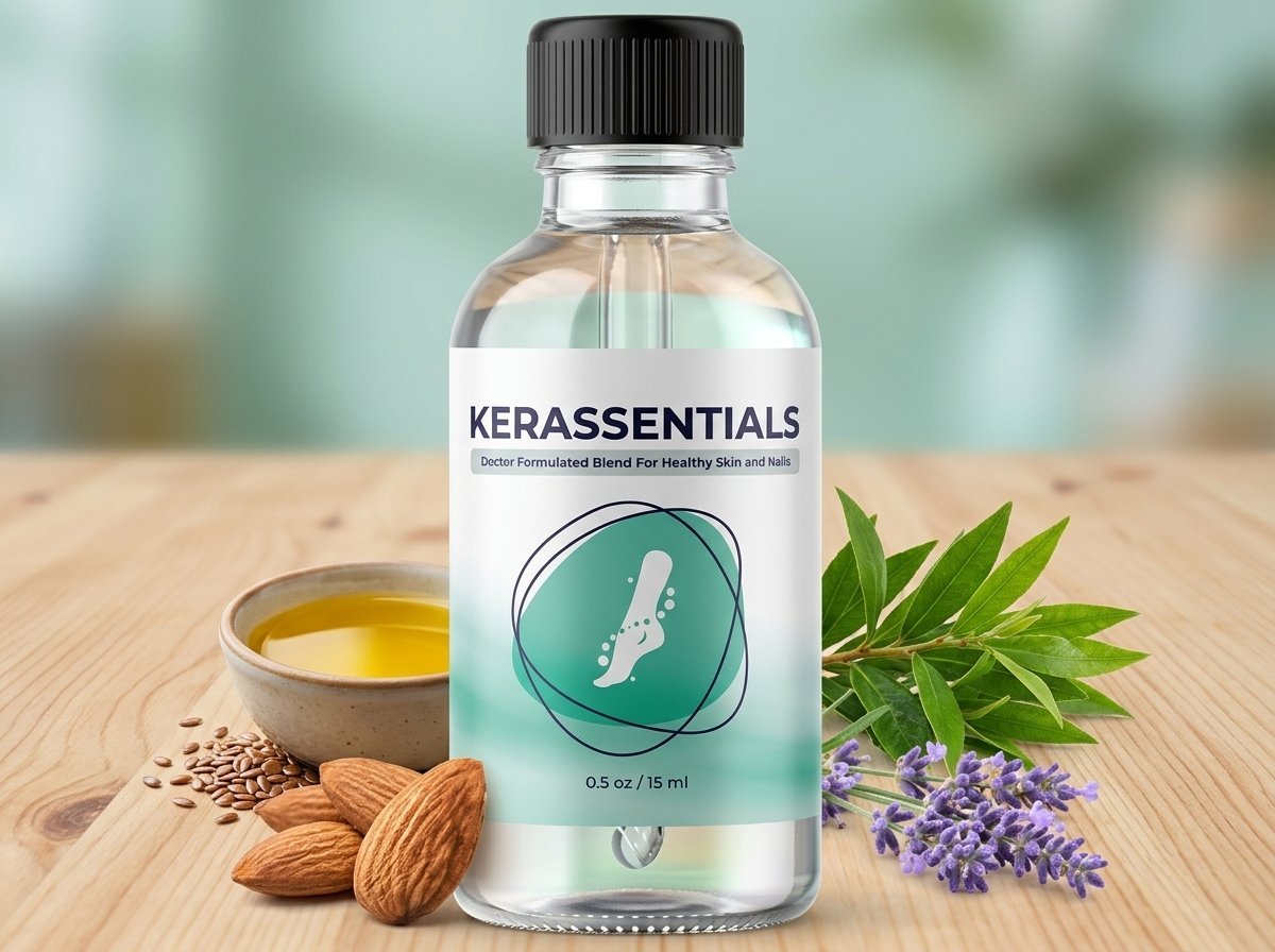 Kerassentials topical nail oil bottle shown with natural botanical ingredients