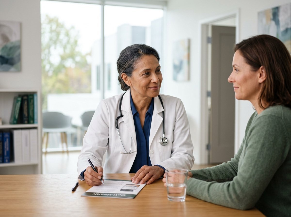 Healthcare professional discussing supplement safety considerations during an adult patient consultation