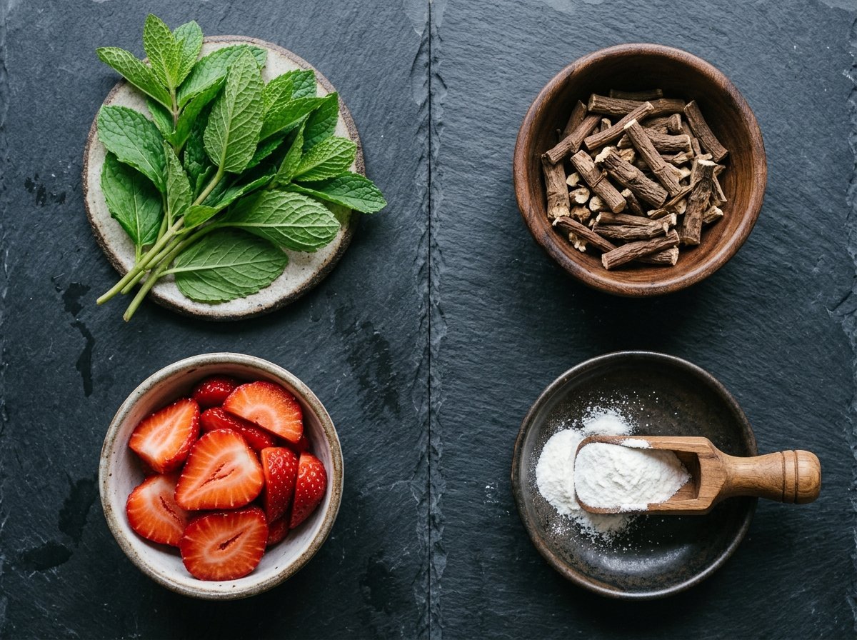 Flat-lay arrangement of natural ProDentim supporting ingredients including peppermint, chicory root inulin, strawberry, and tricalcium phosphate