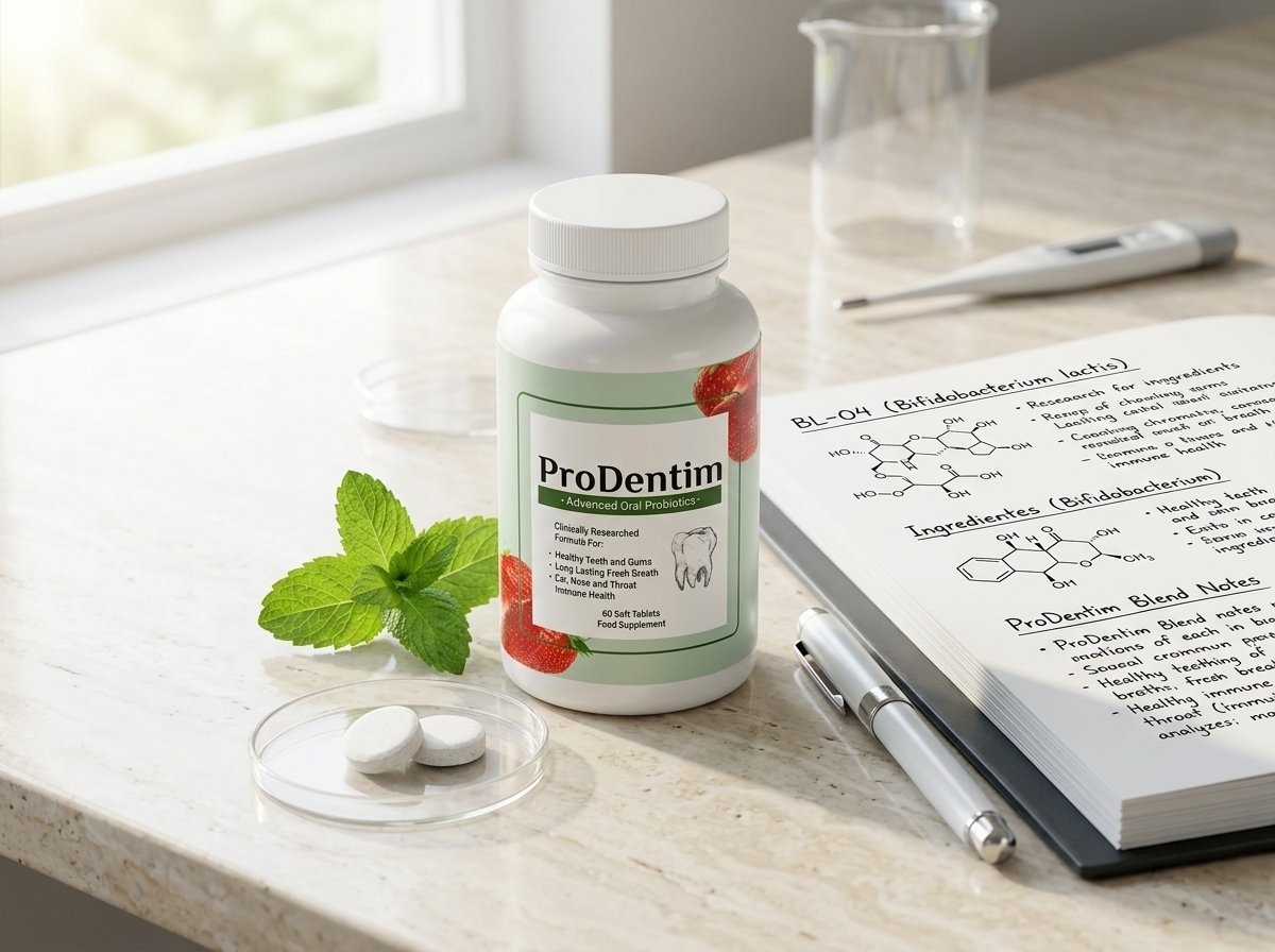 ProDentim oral probiotic supplement bottle on an analytical laboratory desk beside formula review notes