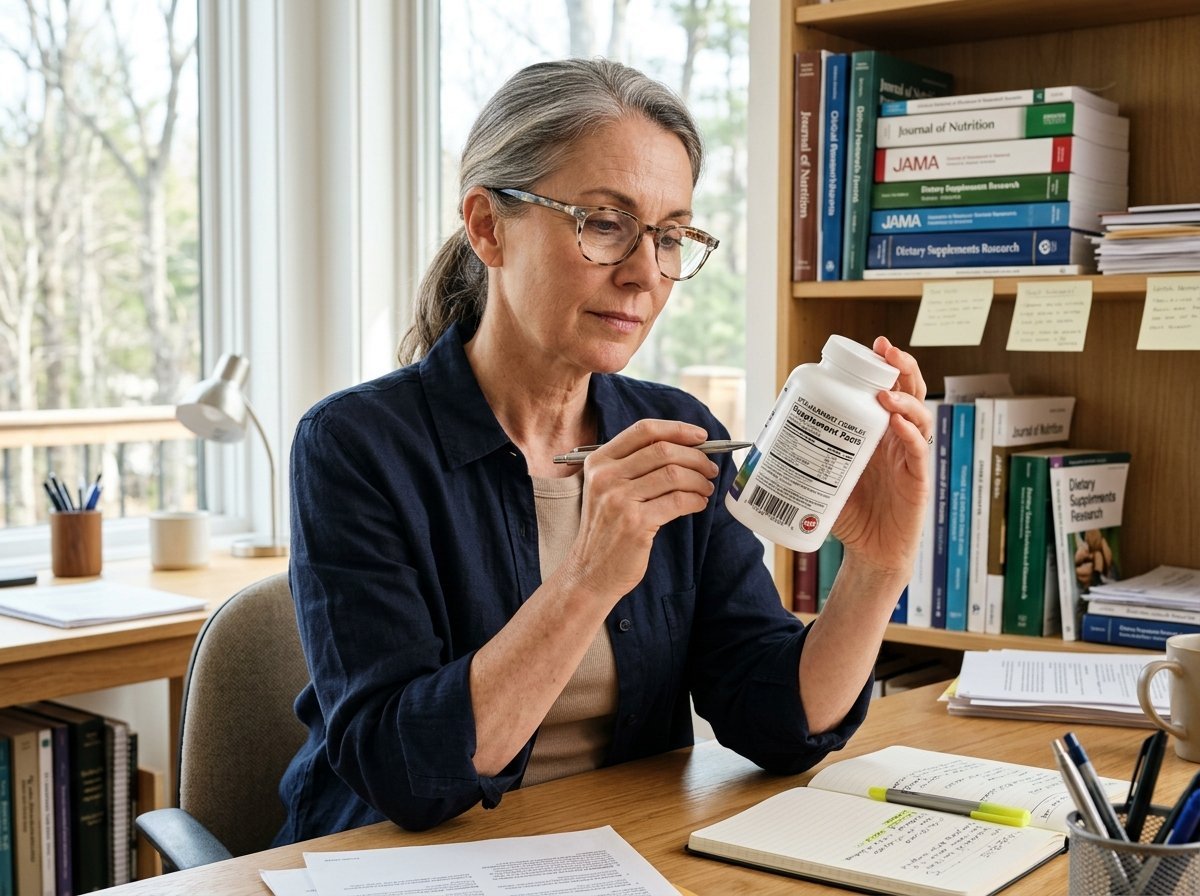 An analytical health reviewer inspecting the Supplement Facts label on a probiotic supplement bottle