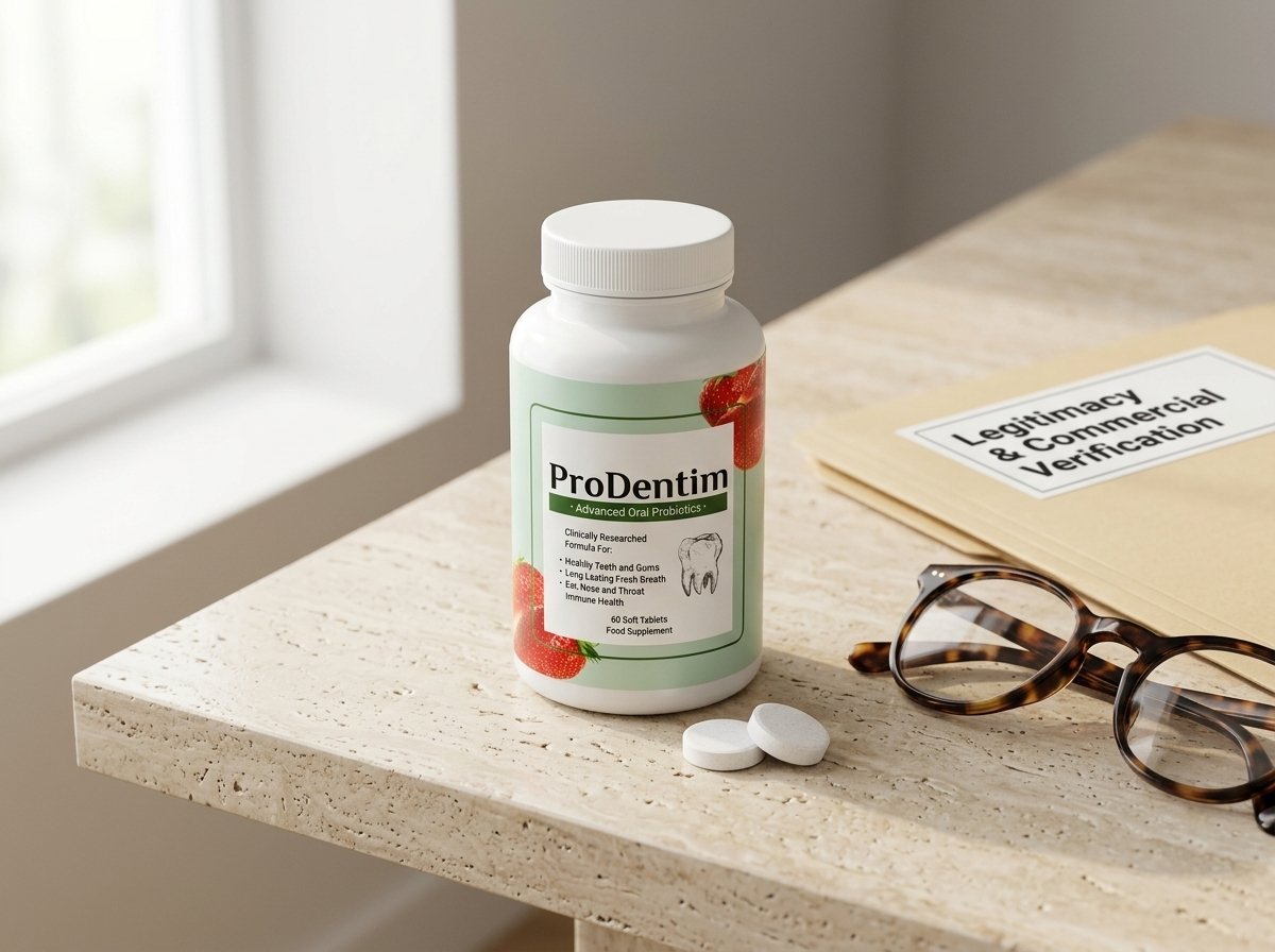 ProDentim oral probiotic supplement bottle on a clean desk beside a commercial legitimacy evaluation dossier
