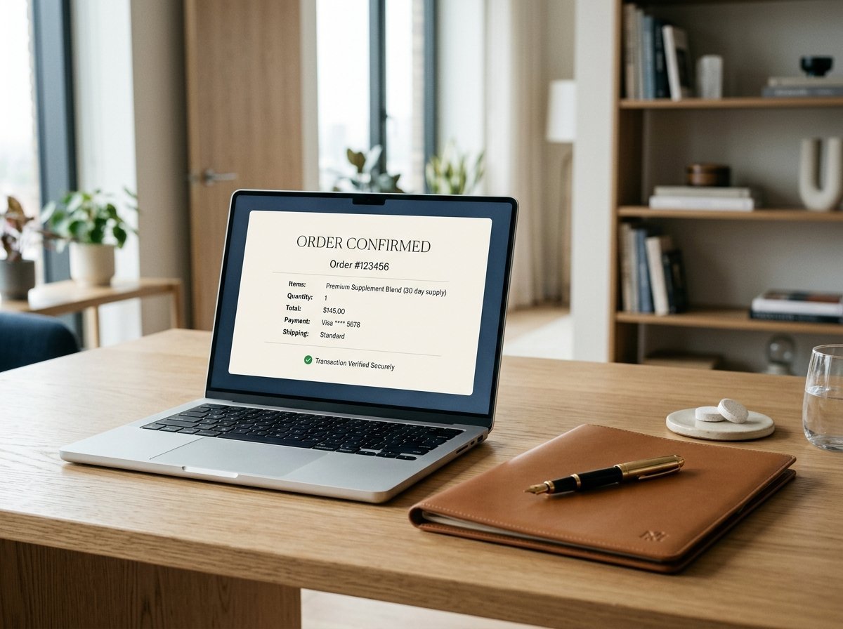 Checkout and transaction verification setup showing order confirmation on a laptop screen