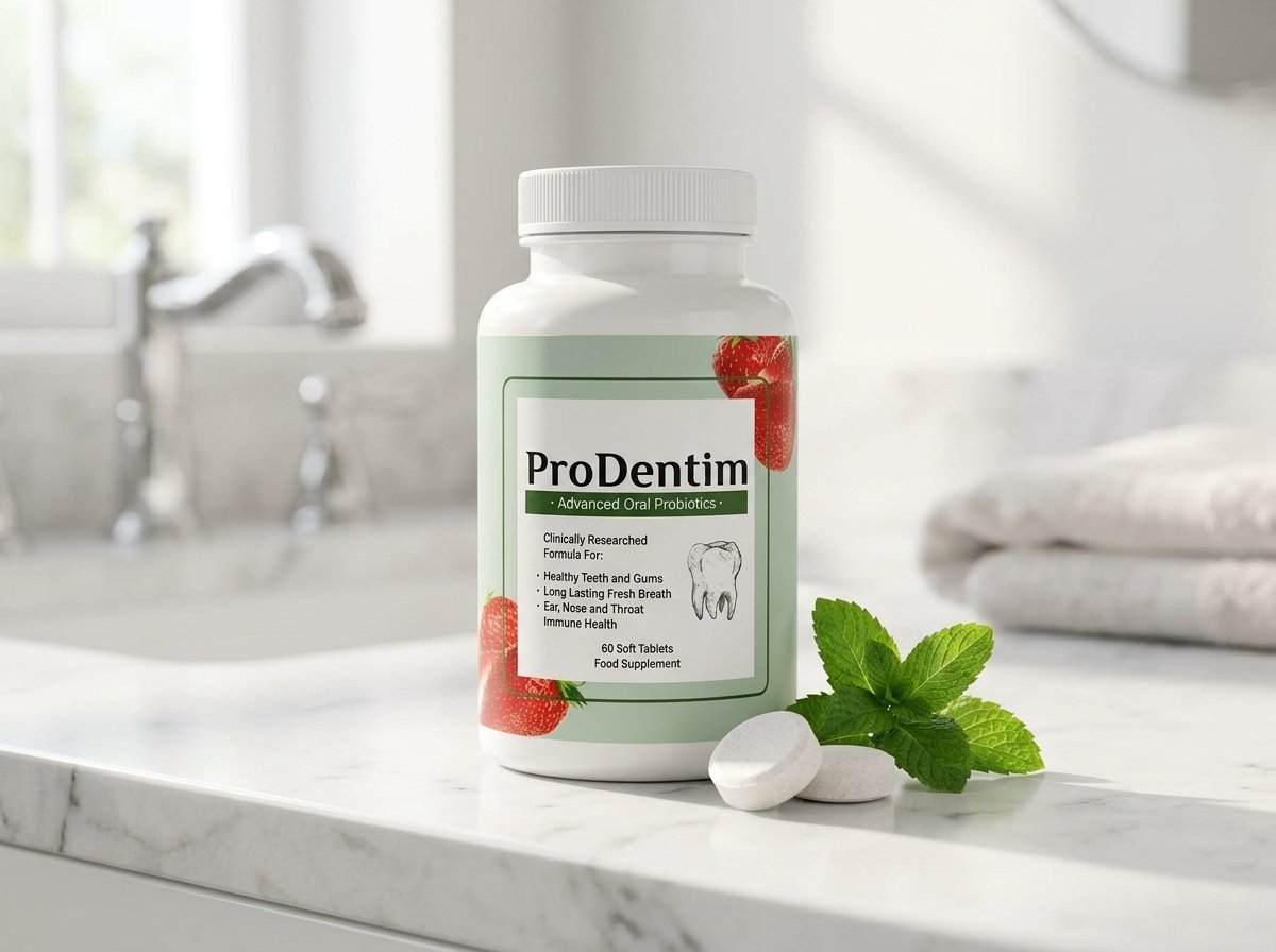 A bottle of ProDentim oral probiotic supplement resting on a clean surface with fresh peppermint