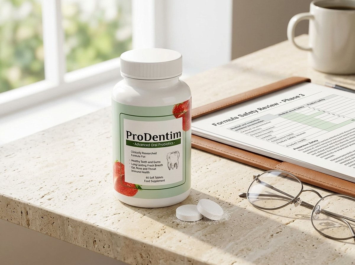 ProDentim oral probiotic supplement bottle on a clean travertine medical review desk beside safety evaluation notes