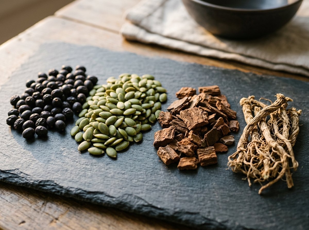 Raw botanical ingredients like saw palmetto berries and pumpkin seeds